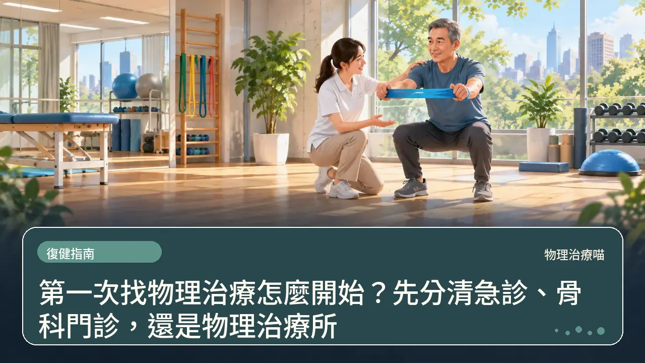 第一次找物理治療怎麼開始？先分清急診、骨科門診，還是物理治療所主題插畫