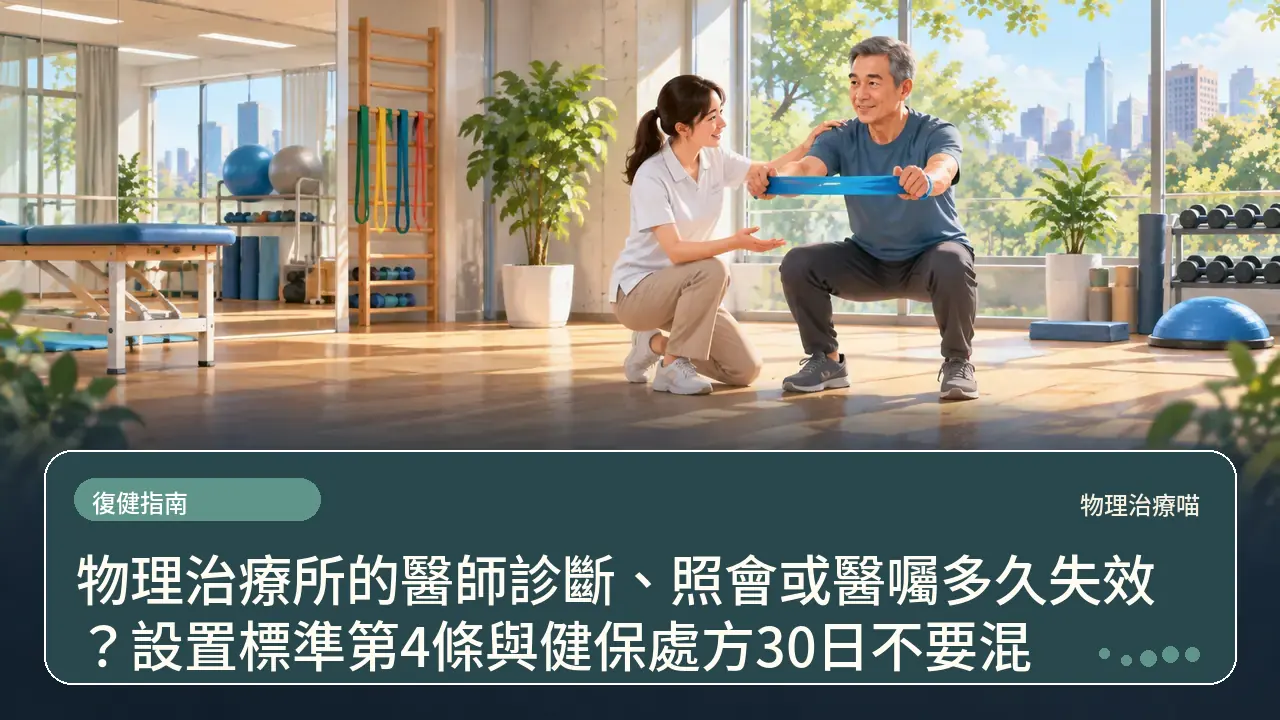 物理治療所的醫師診斷、照會或醫囑多久失效？設置標準第4條與健保處方30日不要混主題插畫