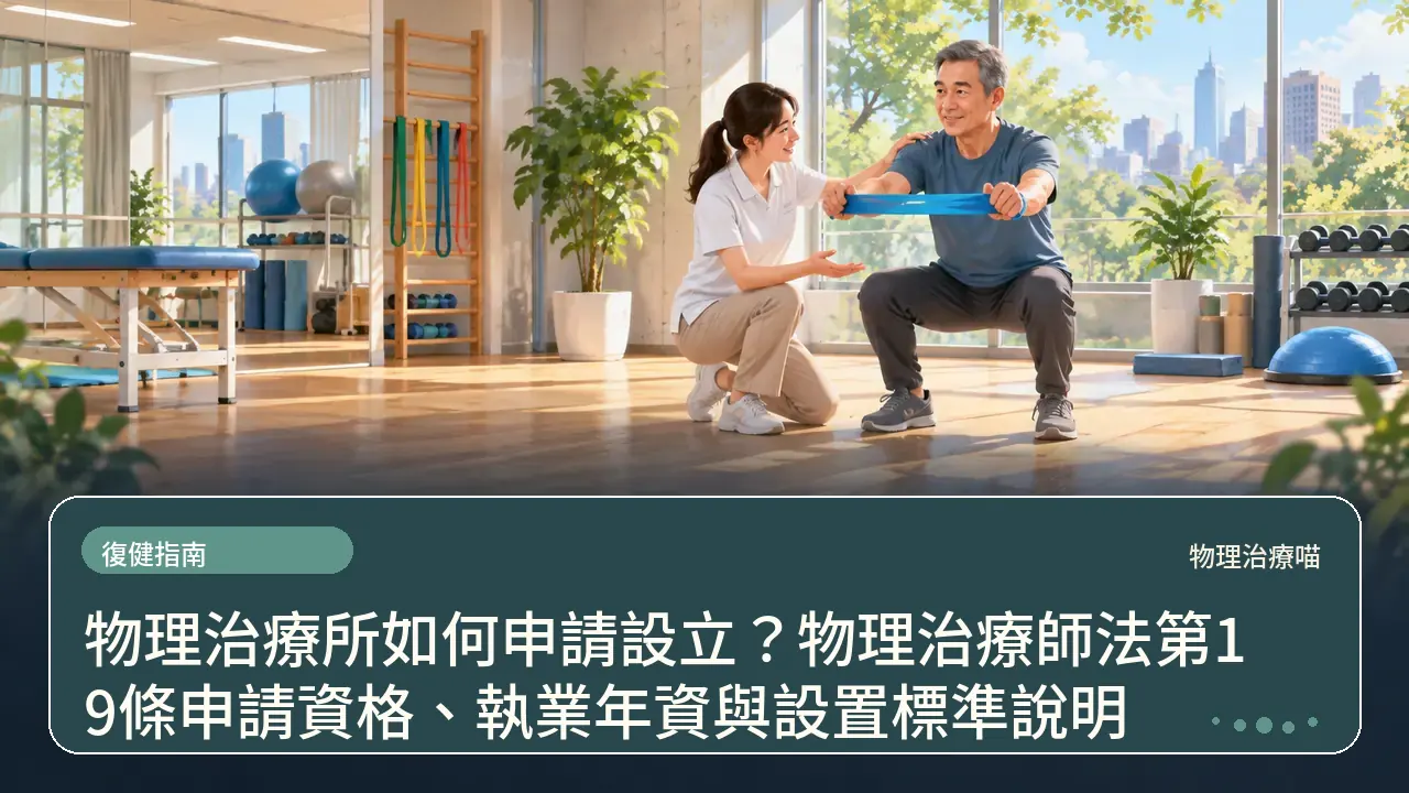 物理治療所如何申請設立？物理治療師法第19條申請資格、執業年資與設置標準說明主題插畫