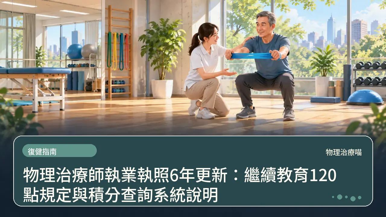 物理治療師執業執照6年更新：繼續教育120點規定與積分查詢系統說明主題插畫