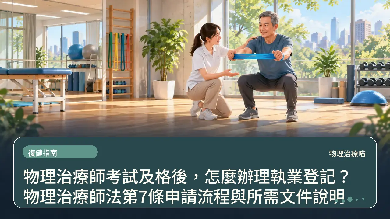 物理治療師考試及格後，怎麼辦理執業登記？物理治療師法第7條申請流程與所需文件說明主題插畫